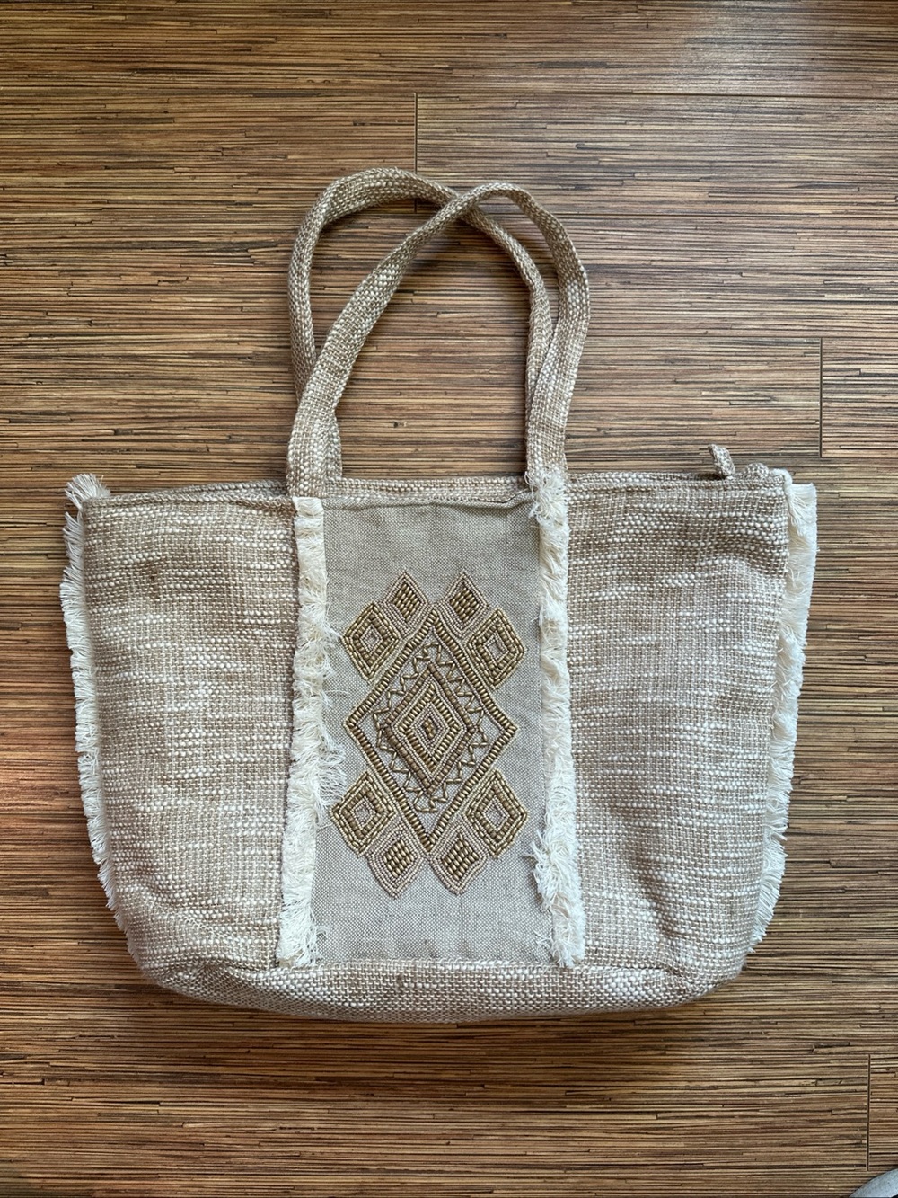 Neutral Beige Embroidered Tote Bag - Antik Kraft